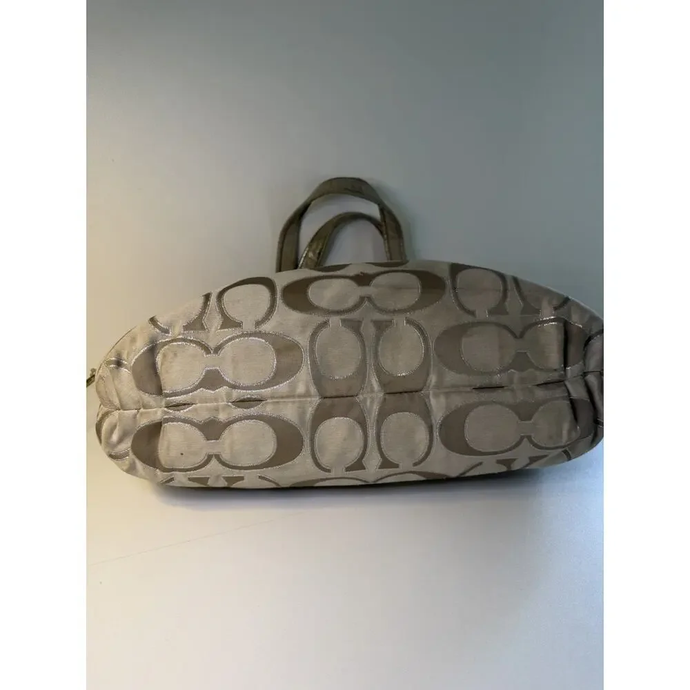 Coach Poppy Signature C Lurex Glam Tote Metallic Gold Jacquard Khaki Sateen FLAW
